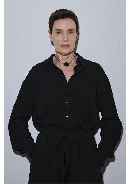 Siyah Serin Oversize Keten Gömlek