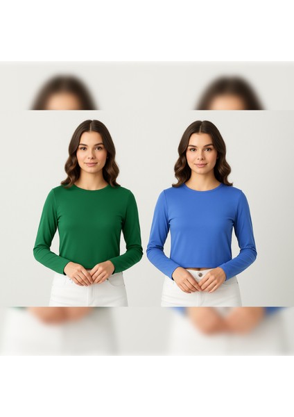 Kadın 2 Adet Mavi-Yeşil Cotton Esnek Uzun Kollu Bluz