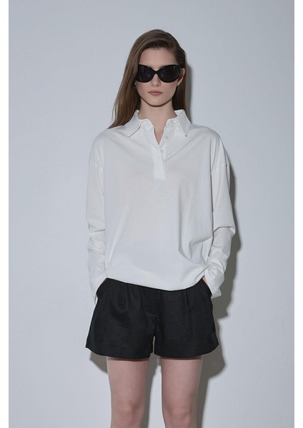 Ekru Polo Yaka Oversize Tişört