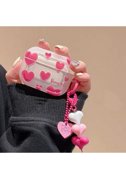 Airpods Pro 2.nesil ile Uyumlu Pembe Kalp Kapak Sevimli Sert Silikon Koruma Kılıf