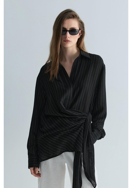 Siyah Lino Bağlamalı Keten Gömlek