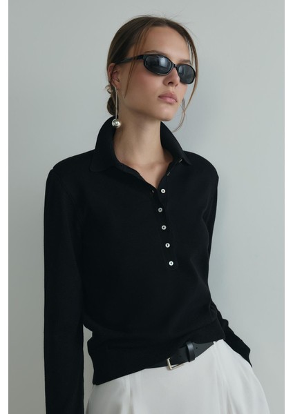 Siyah Carter Polo Yaka Triko Kazak