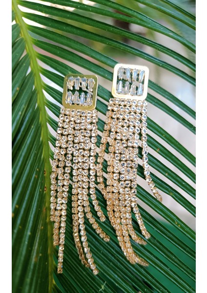 Sarı Renk Zirkon Taşlı Lüks Abiye Küpe fiyatları