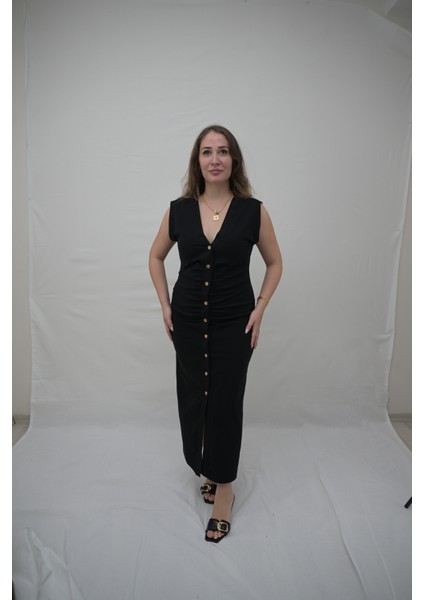 Siyah Düğme Detaylı Elbise fiyatları