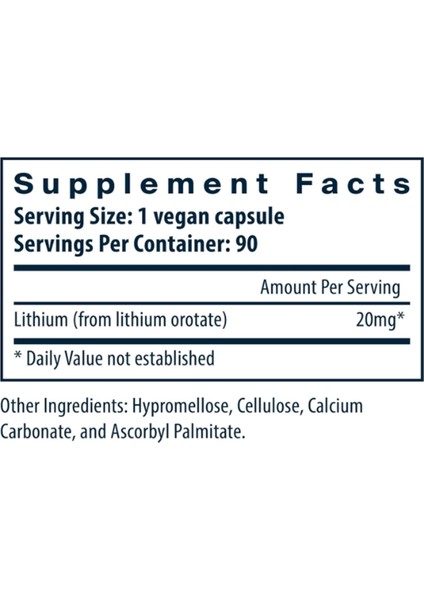 Lithium Orotate 20MG 90 Capsules Memory, State Of Mind, And Behavioral Health Gluten, Dairy, Soy Free fiyatları