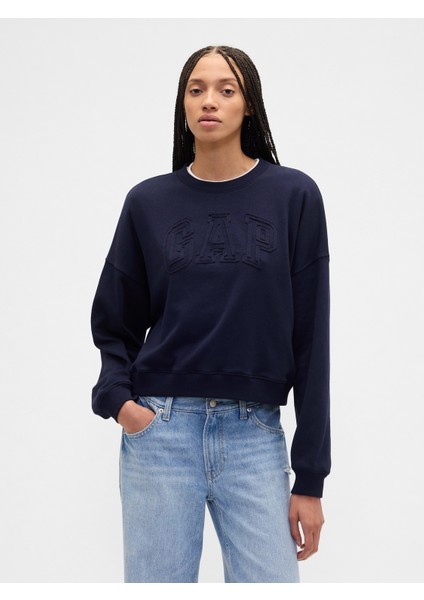 Kadın Lacivert Fransız Havlu Kumaş Logo Wedge Sweatshirt