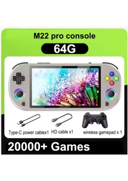 M22 Pro Retro Oyun Konsolu 5.0 ’’ıps Ekran Dahili 20000+ Oyun Emülatörleri Rgb LED Joystick