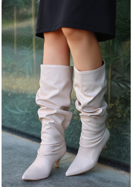 Zelya Bej Cilt Topuklu Çizme