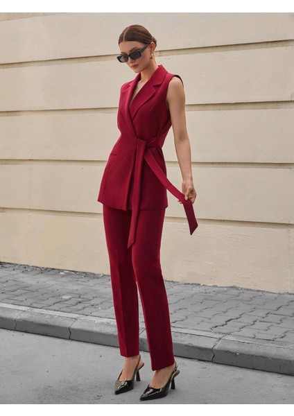 Bordo Kuşak Bağlamalı Yelek Kemerli Havuç Pantolon Dokuma Kumaş Ikili Takım modelleri