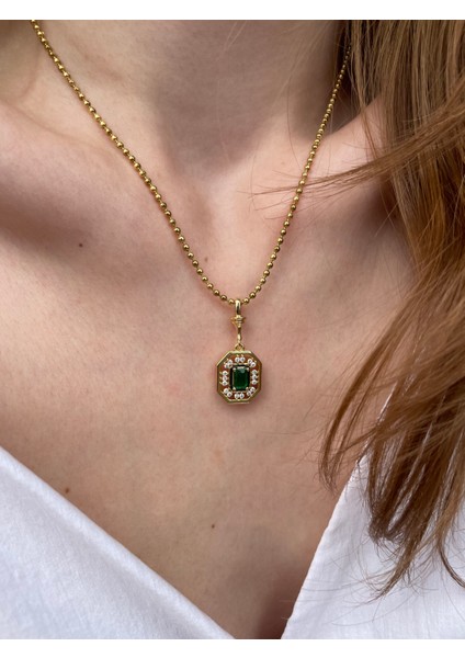 Zirkon Zümrüt Detaylı Baget Premium Gold Çelik Kolye fiyatları