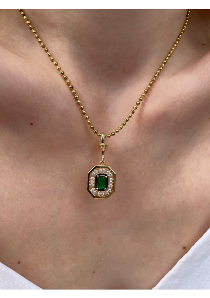Zirkon Zümrüt Detaylı Baget Premium Gold Çelik Kolye modelleri
