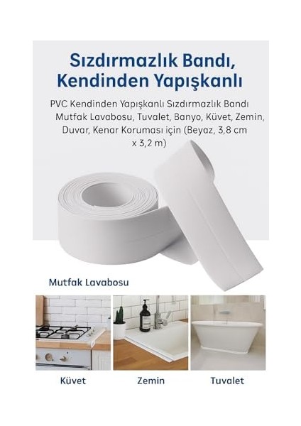 Yapışkanlı Sızdırmazlık Bandı - Beyaz Pvc, Su Geçirmez, 3,8 cm x 3,2 M, Mutfak, Banyo, Küvet, Lavabo, Zemin ve Duvar Kenarı Için modelleri
