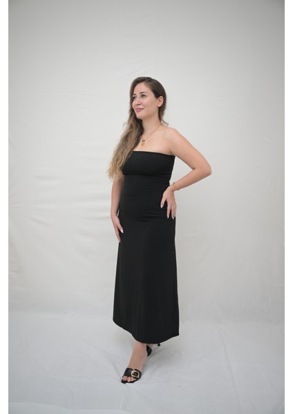 Sandy Kumaş Straplez Siyah Elbise
