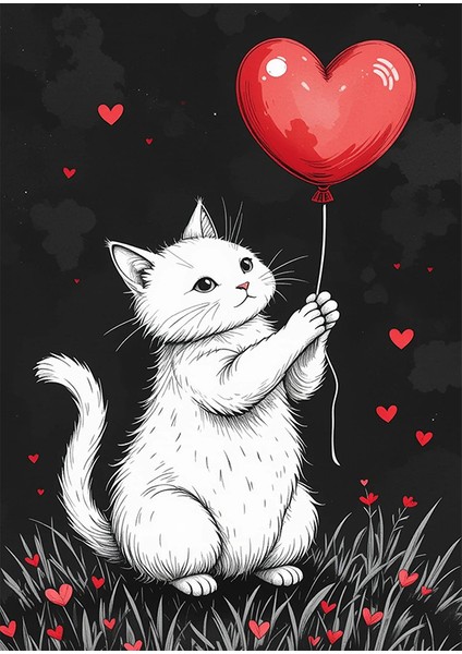Kalpli Balon ve Kedi Ahşap Tablo