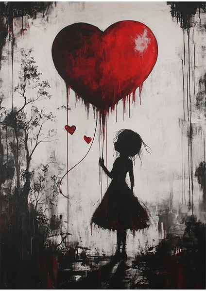 Kırmızı Kalp Resimli Ahşap Tablo