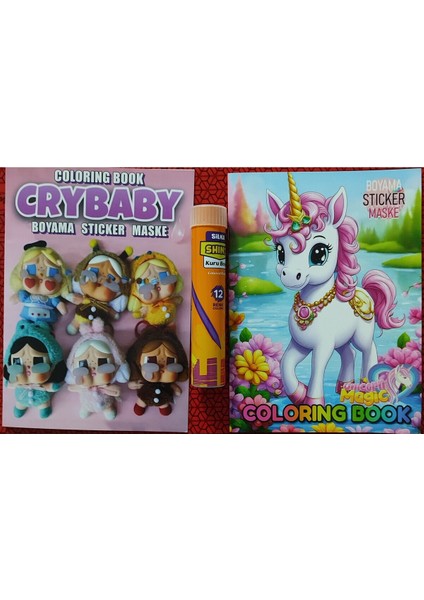 2 Adet Stickerli Boyama Kitabı ve 12 Li Tüp Kuruboya (Crybaby/unicorn)