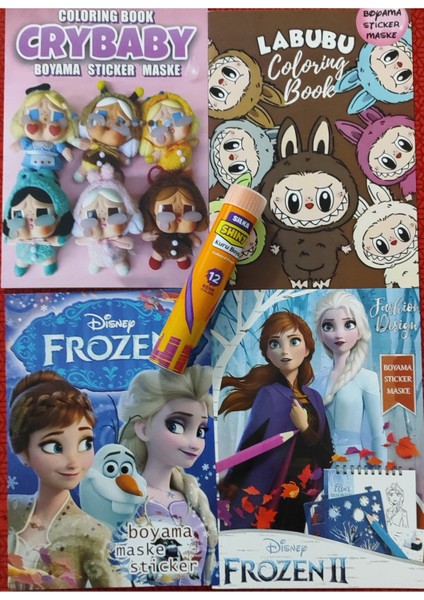 4 Adet Stickerli Boyama Kitabı ve 12 Li Tüp Kuruboya (Crybaby/frozen/frozen2/labubu)