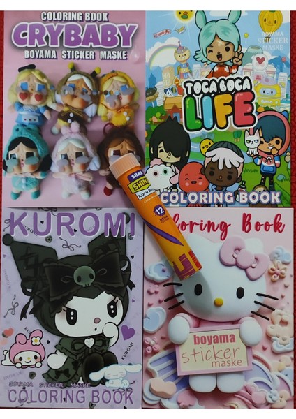 4 Adet Stickerli Boyama Kitabı ve 12 Li Tüp Kuruboya (Crybaby/kuromi/h.kitty/toca Boca)