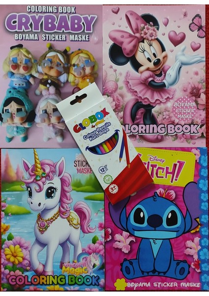 4 Adet Stickerli Boyama Kitabı ve 12 Li Kuruboya (Crybaby/minnie/unicorn/stitch)
