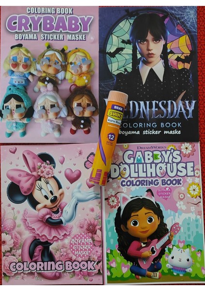 4 Adet Stickerli Boyama Kitabı ve 12 Li Tüp Kuruboya (Crybaby/gabbys/wednesday/minnie)