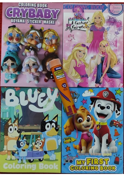 4 Adet Stickerli Boyama Kitabı ve 12 Li Tüp Kuruboya (Crybaby/bluey/pawpatrol/moda)