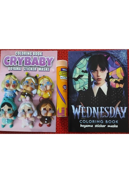 2 Adet Stickerli Boyama Kitabı ve 12 Li Tüp Kuruboya (Crybaby/wednesday)