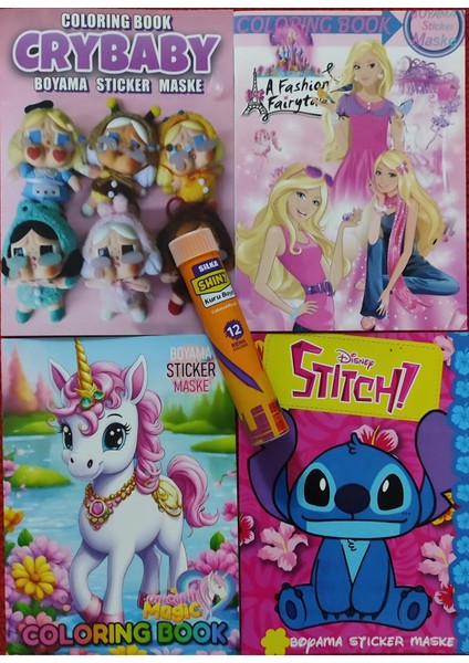 4 Adet Stickerli Boyama Kitabı ve 12 Li Tüp Kuruboya (Crybaby/unicorn/stitch/moda)
