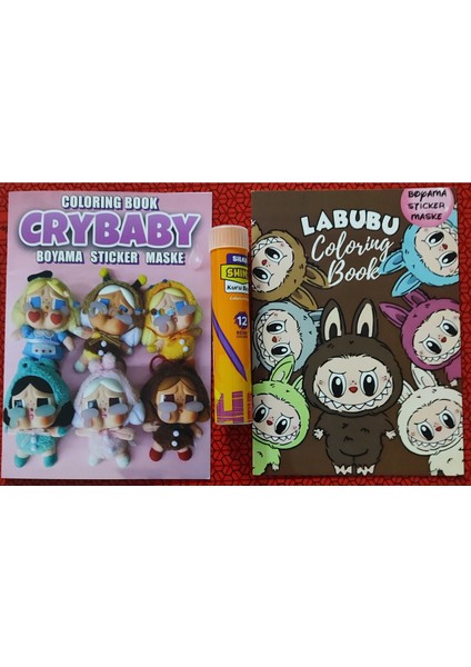 2 Adet Stickerli Boyama Kitabı ve 12 Li Tüp Kuruboya (Crybaby/labubu)