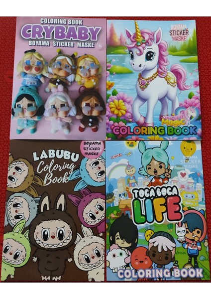 4 Adet Stickerli Boyama Kitabı (Crybaby/labubu/toca Boca/unicorn)