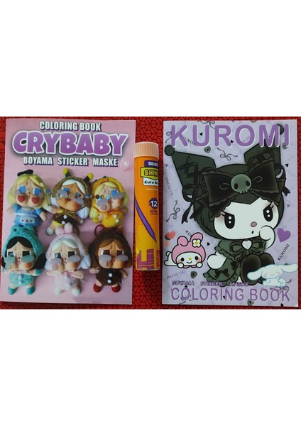 2 Adet Stickerli Boyama Kitabı ve 12 Li Tüp Kuruboya (Crybaby/kuromi)