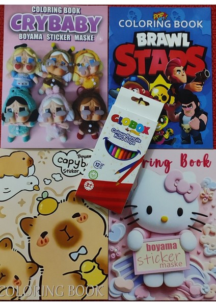 4 Adet Stickerli Boyama Kitabı ve 12 Li Kuruboya (Crybaby/capybara/h.kitty/brawlstars)
