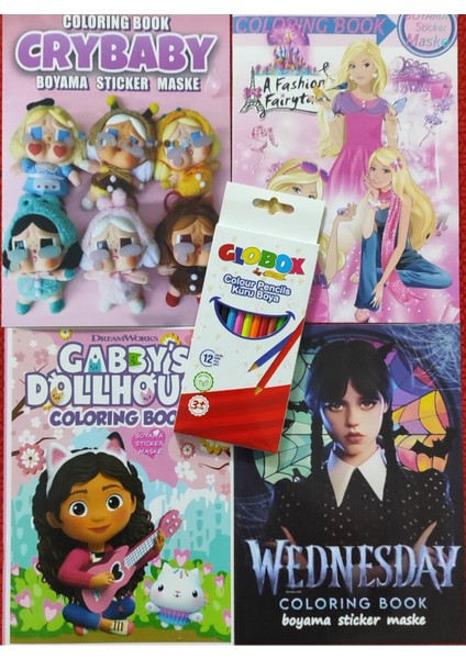 4 Adet Stickerli Boyama Kitabı ve 12 Li Kuruboya (Crybaby/moda/gabbys/wednesday)