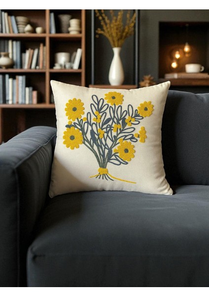 Çiçek Desenli Punch Nakışlı Kırlent Kılıfı - 43X43 cm fırsatları