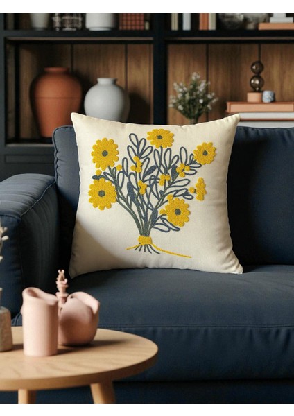 Çiçek Desenli Punch Nakışlı Kırlent Kılıfı - 43X43 cm indirimleri