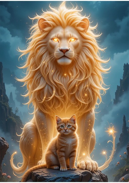 Kedi ve Aslan Resmi Ahşap Tablo