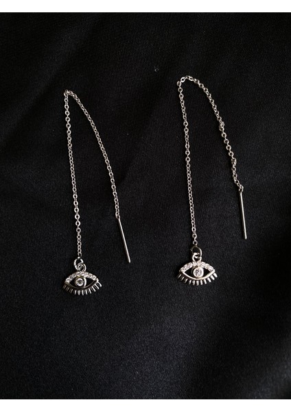 Çelik Gümüş Renk Zirkon Taşlı Zincir Detaylı Küpe