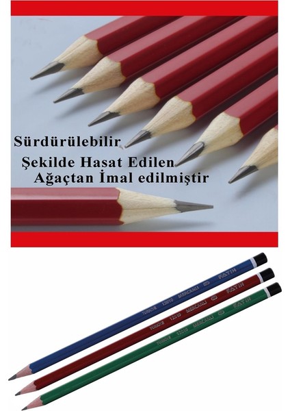 Kurşun Kalem 3 Adet Fatih Siyah Kurşun Kalem Siyah Mercanlı Yerli Üretim Hb Orta Sert Uçlu Kolay Silinebilir fiyatları