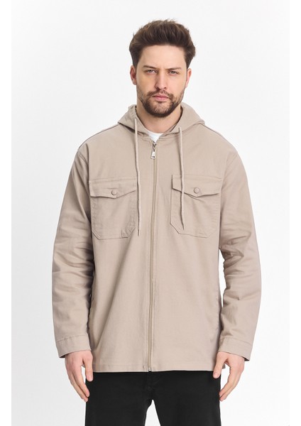 Erkek Basic Oversize Esnek Kapşonlu Krem Ceket