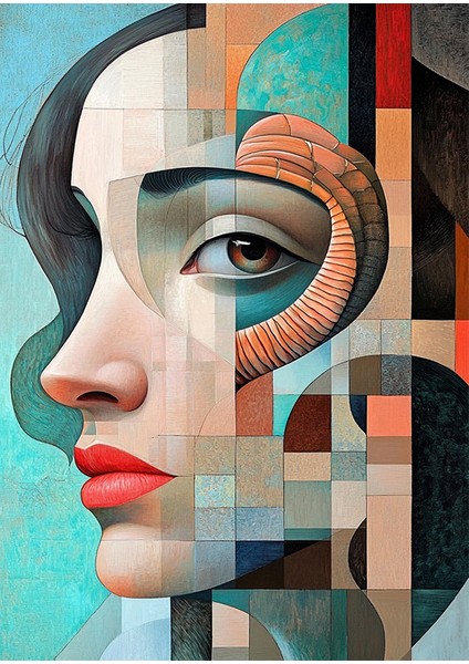 Kadın Yüzü ve Şekiller Ahşap Tablo