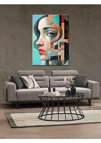 Kadın Yüzü ve Şekiller Ahşap Tablo fiyatları
