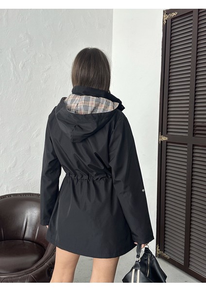 Kadın Suya Dayanıklı Trençkot Kapüşonlu Ekoseli Bonded Kumaş Trençkot indirimleri