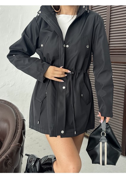 Kadın Suya Dayanıklı Trençkot Kapüşonlu Ekoseli Bonded Kumaş Trençkot