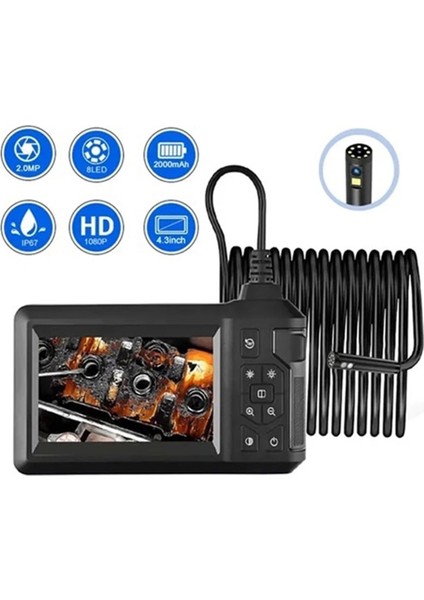 VTN-008 Ekranlı Çift Kameralı 10 mt Sert Kablo Yılan Endoskop Kamera 8 mm 4.3 Inc