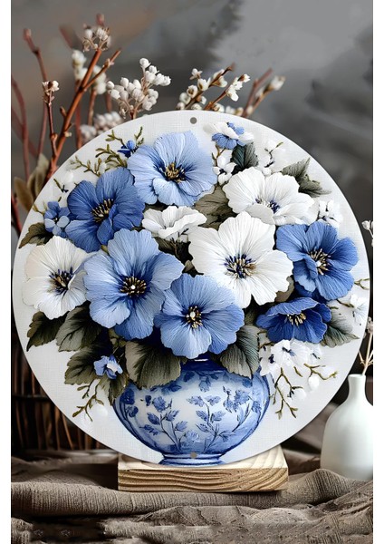 Mavi & Beyaz Çiçek Vazolu Uv Baskı Mdf Duvar Süsü – 33X33 cm & 20X20 cm DT149 modelleri