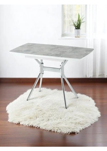 Duman Açılır Dikdörtgen Masa (Sandalyesiz) – Gri Mermer, Krom Ayak, 80×130 → 160 cm (4–6 Kişilik)