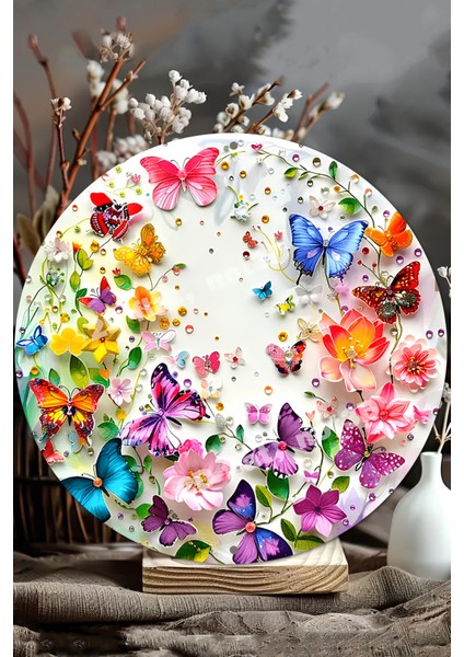 Renkli Kelebek ve Çiçek Desenli Uv Baskı Mdf Duvar Süsü – 33X33 cm & 20X20 cm DT138 modelleri
