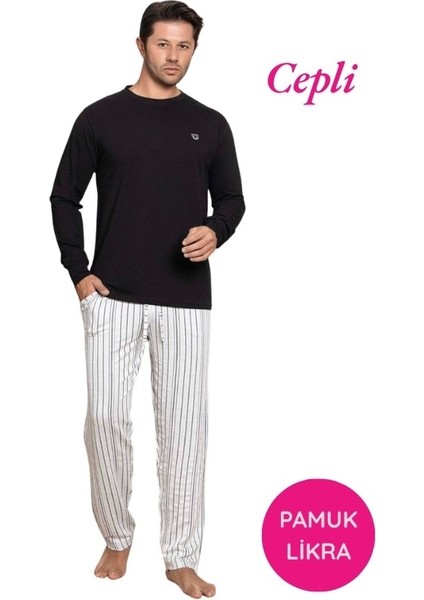 Erkek Düğmesiz Çizgili Jakar Kumaş Mevsimlik Kol Manşetli Uzun Kol Cepli Pijama Takımı