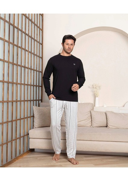Erkek Düğmesiz Çizgili Jakar Kumaş Mevsimlik Kol Manşetli Uzun Kol Cepli Pijama Takımı fırsatları