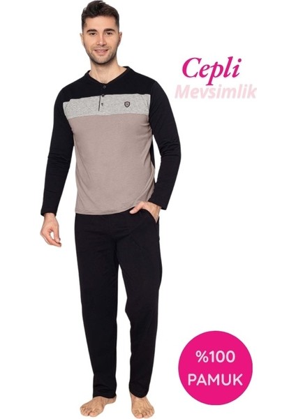 Erkek 3 Düğmeli %100 Pamuk Mevsimlik Uzun Kol Cepli Pijama Takımı