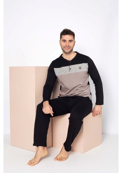Erkek 3 Düğmeli %100 Pamuk Mevsimlik Uzun Kol Cepli Pijama Takımı modelleri